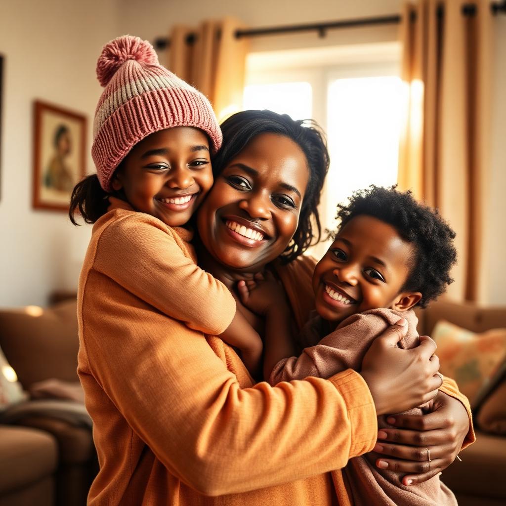 A South African mother hugging her two children, one wearing a soft pink beanie